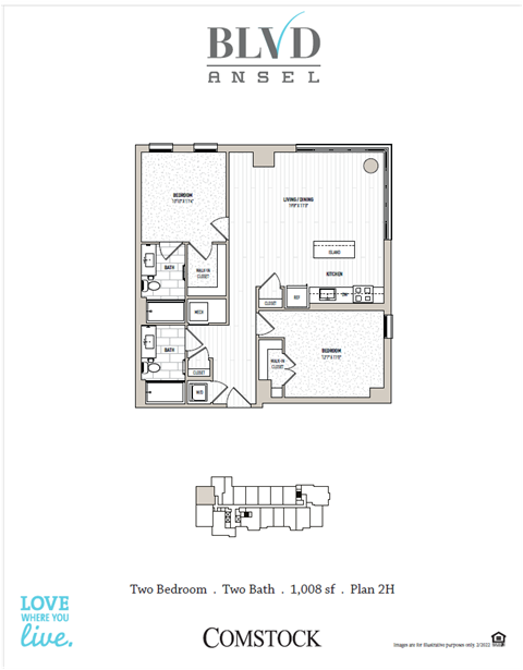 Floor plan for 2 beds, 2 baths, 1016 sqft